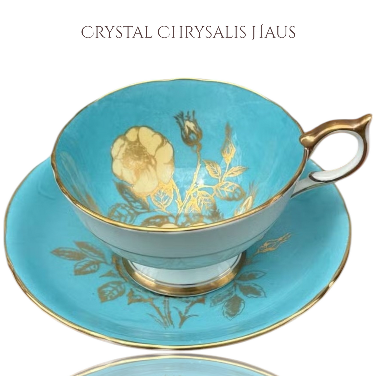 Vintage Aynsley Turquoise and Gold Wild Rose Bone China Teacup Set