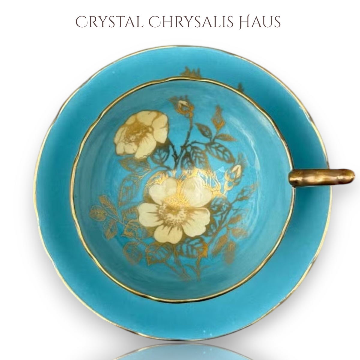 Vintage Aynsley Turquoise and Gold Wild Rose Bone China Teacup Set