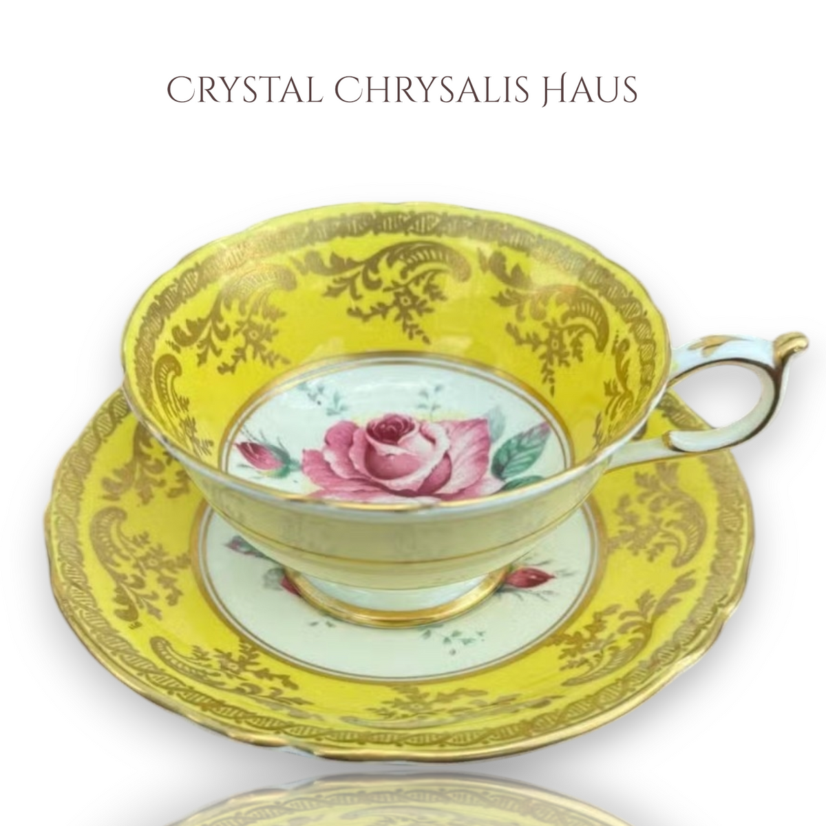 Rare 1940s Paragon Double Warrant Yellow Cabbage Rose Teacup Set
