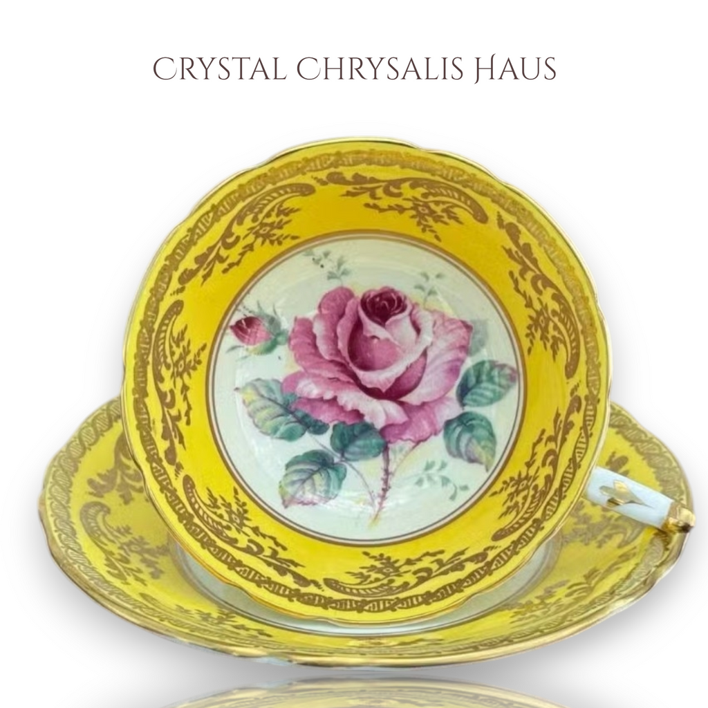 Rare 1940s Paragon Double Warrant Yellow Cabbage Rose Teacup Set