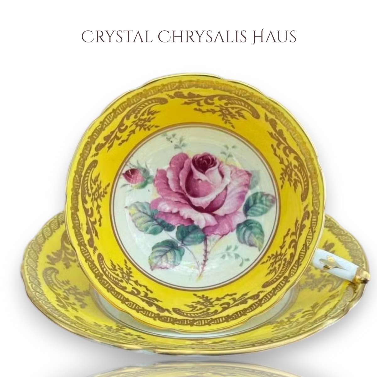 Rare 1940s Paragon Double Warrant Yellow Cabbage Rose Teacup Set