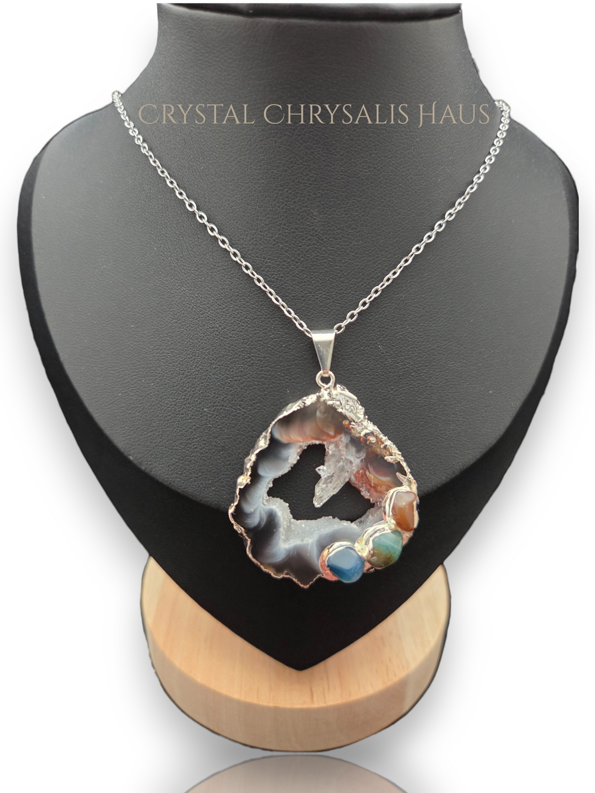 Silver Agate Geode Slice Gemstone Pendant Necklace