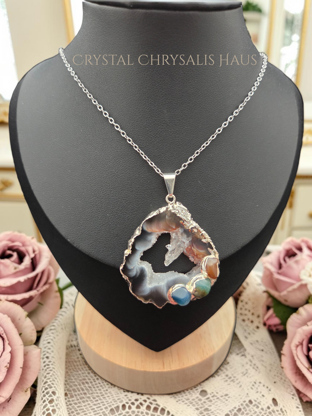 Silver Agate Geode Slice Gemstone Pendant Necklace