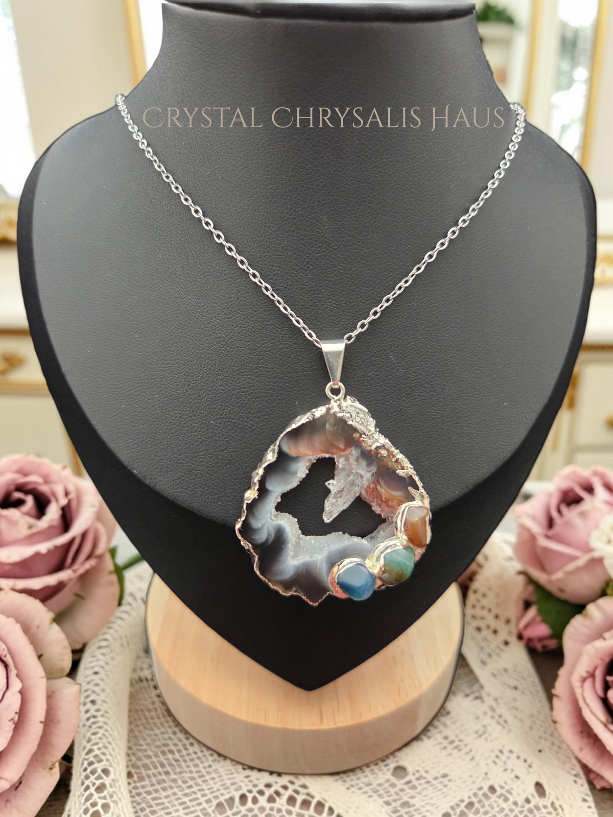 Silver Agate Geode Slice Gemstone Pendant Necklace