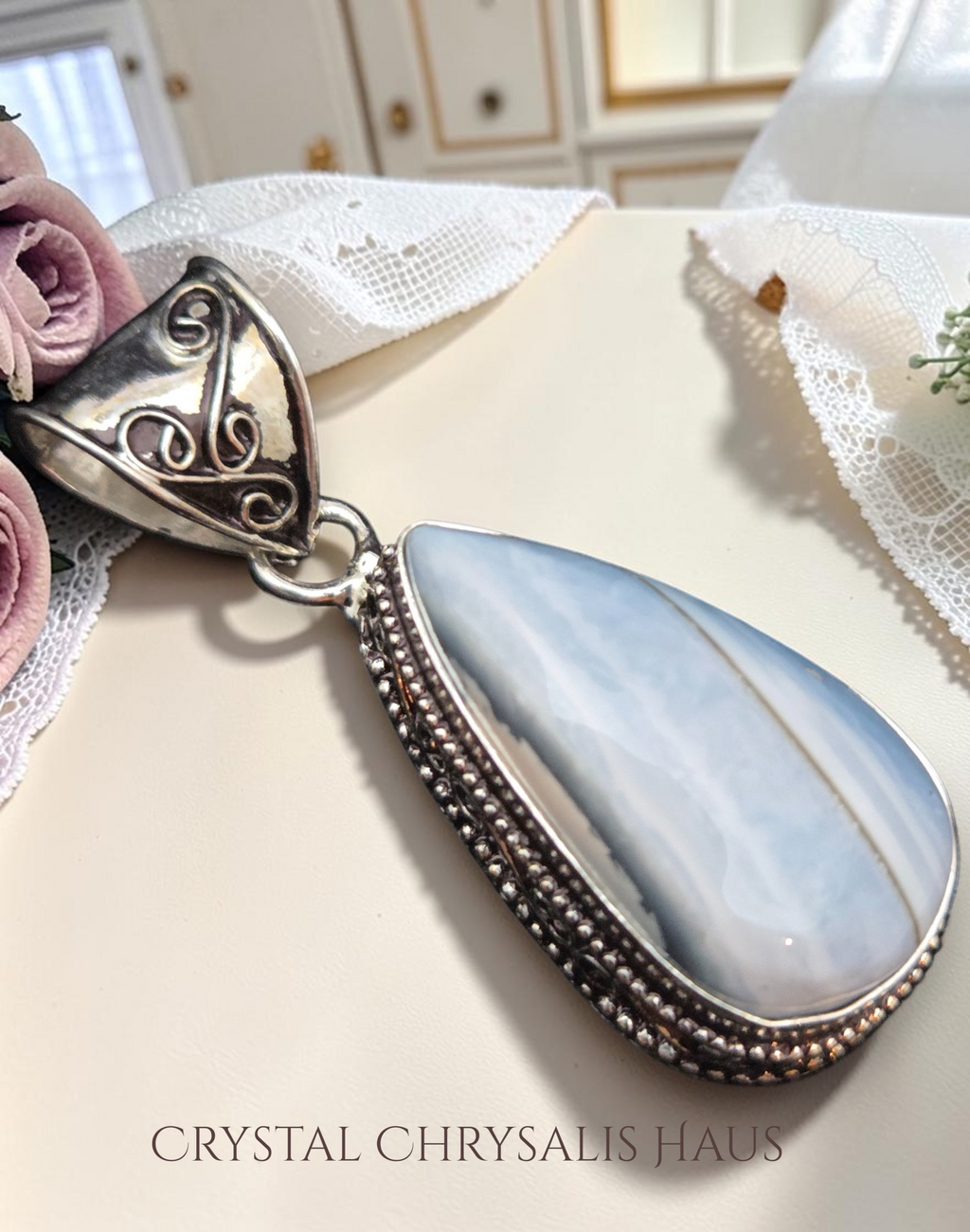 Antique Silver Natural Polished Blue Lace Agate Gemstone Pendant