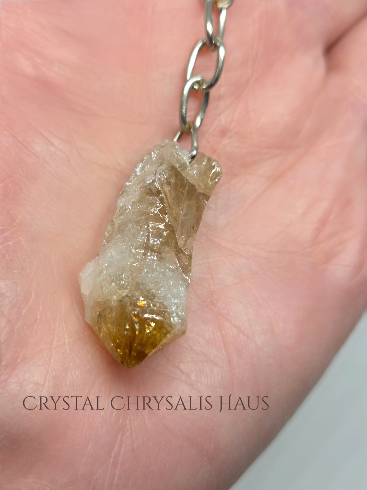 Natural Single Citrine Crystal Point Silver Key Chain