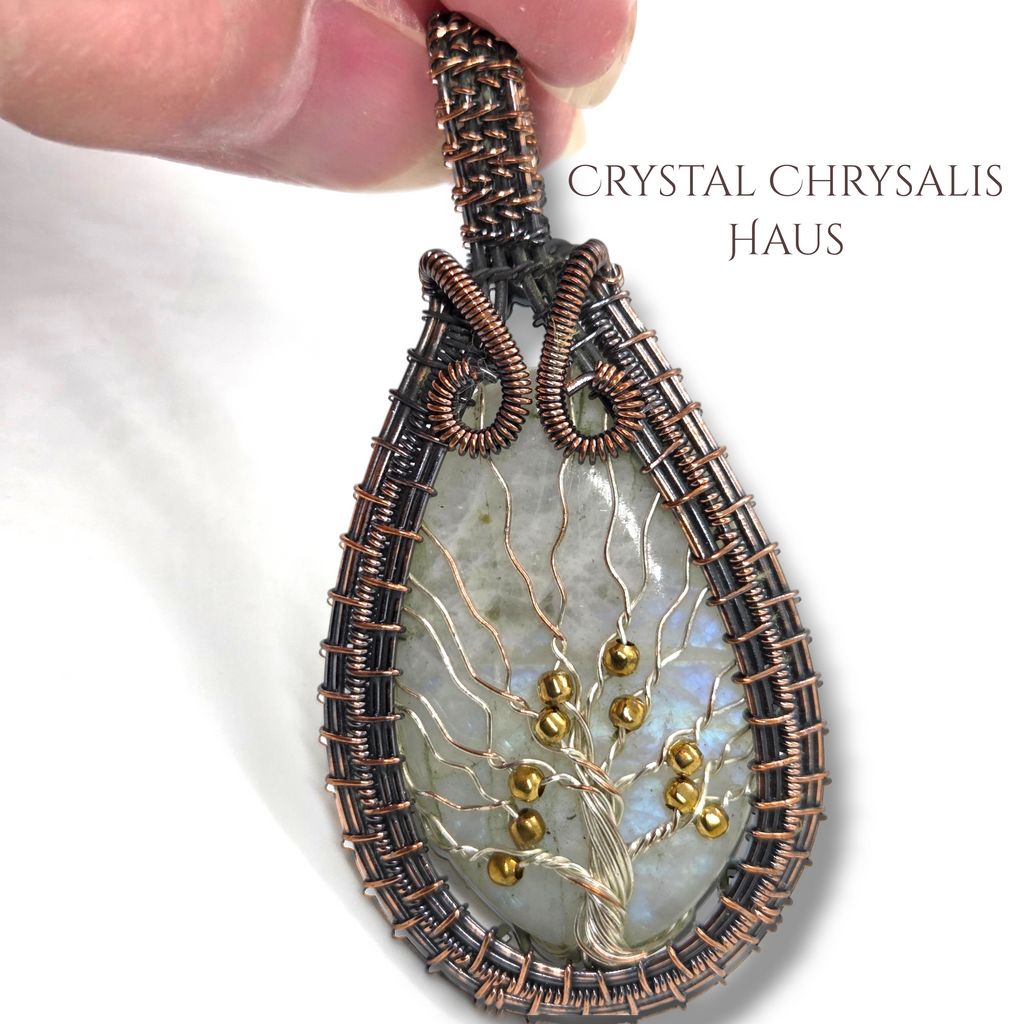 Copper Hand Crafted Wire Wrap Natural Rainbow Moonstone Silver Tree of Life Pendant