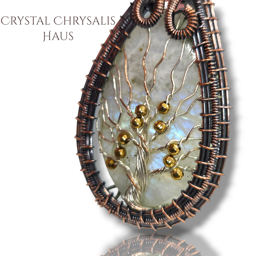 Copper Hand Crafted Wire Wrap Natural Rainbow Moonstone Silver Tree of Life Pendant
