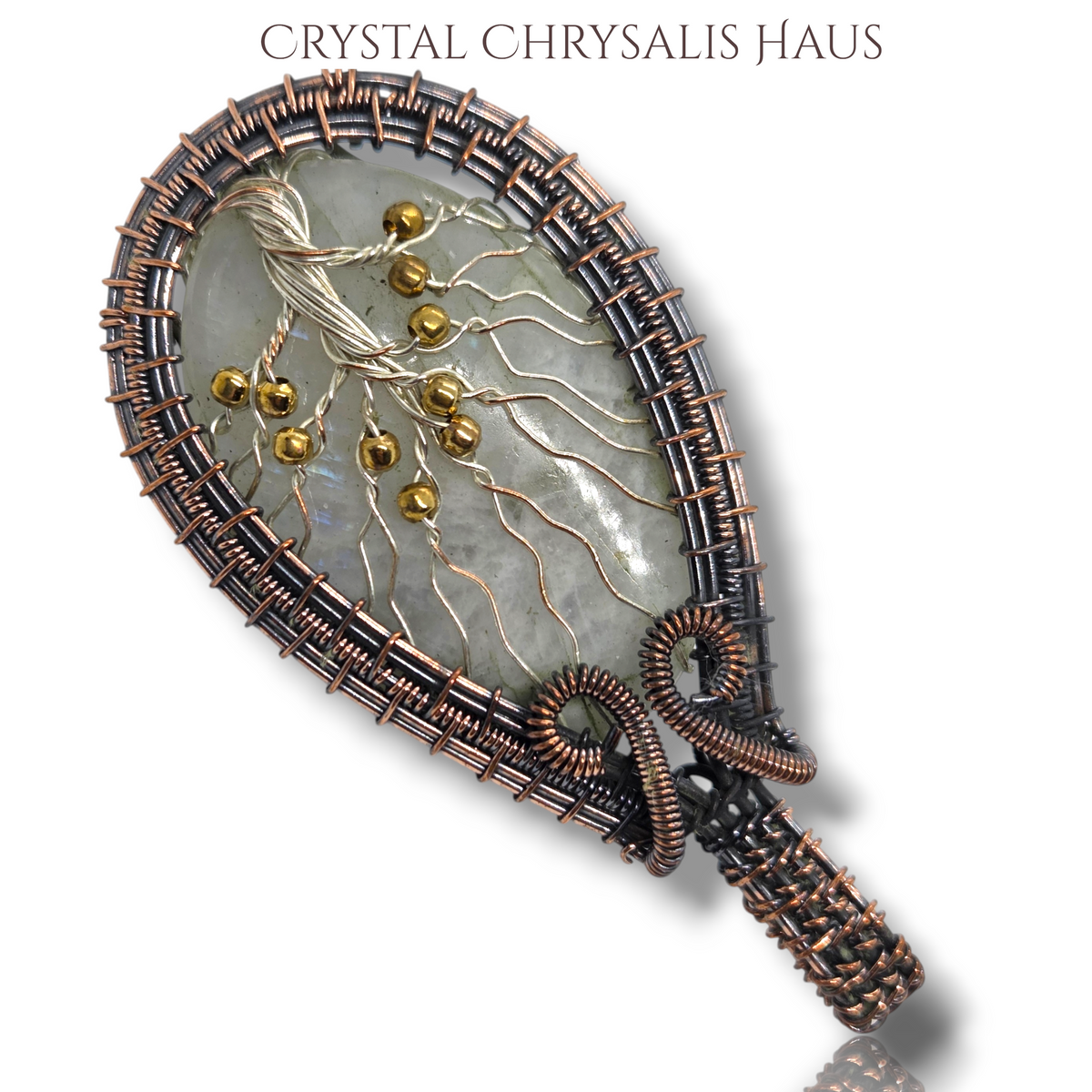 Copper Hand Crafted Wire Wrap Natural Rainbow Moonstone Silver Tree of Life Pendant
