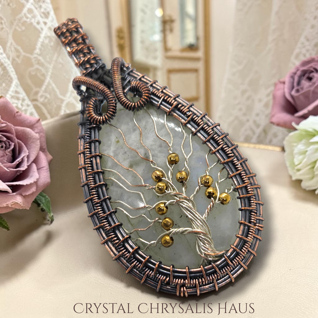 Copper Hand Crafted Wire Wrap Natural Rainbow Moonstone Silver Tree of Life Pendant