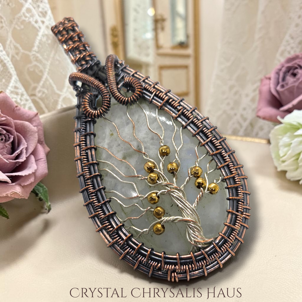 Copper Hand Crafted Wire Wrap Natural Rainbow Moonstone Silver Tree of Life Pendant