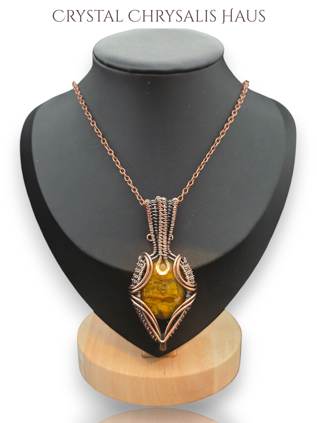 Hand Crafted Copper Wire Wrap Natural Polished Tiger Eye Pendant Necklace