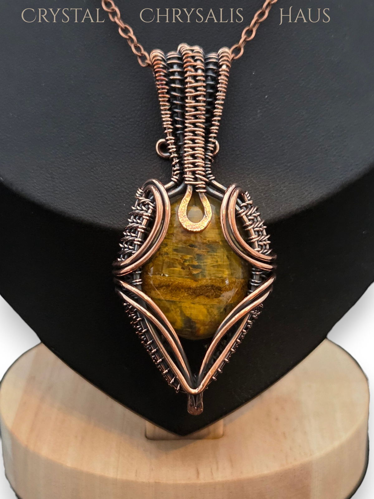 Hand Crafted Copper Wire Wrap Natural Polished Tiger Eye Pendant Necklace