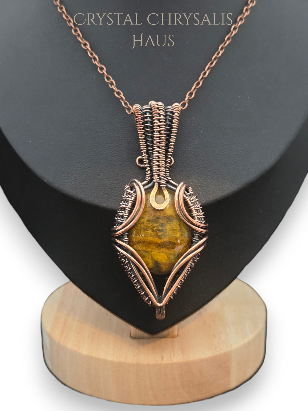 Hand Crafted Copper Wire Wrap Natural Polished Tiger Eye Pendant Necklace