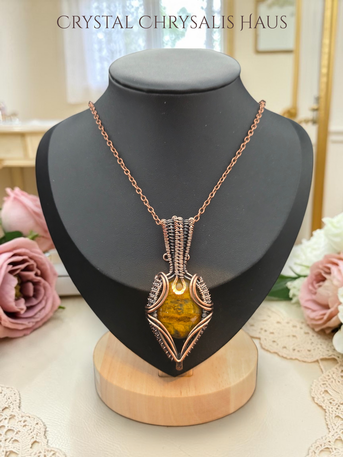Hand Crafted Copper Wire Wrap Natural Polished Tiger Eye Pendant Necklace