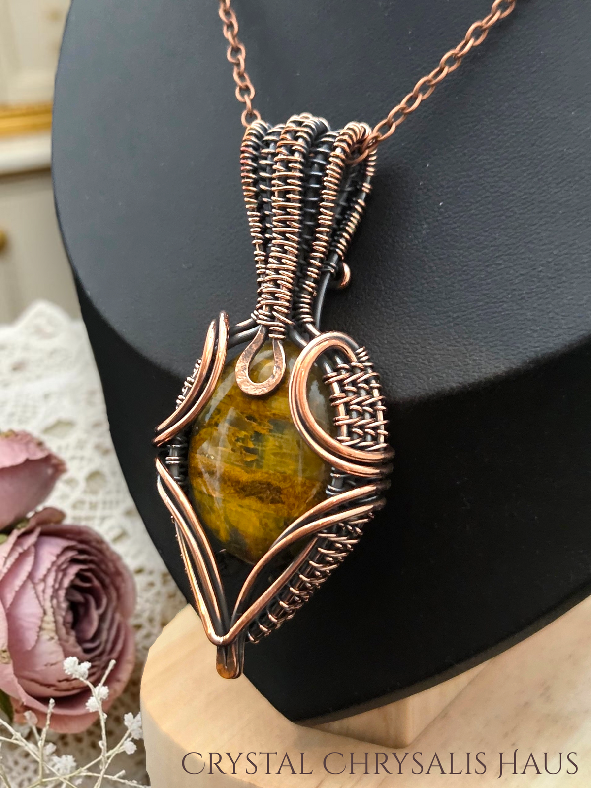 Hand Crafted Copper Wire Wrap Natural Polished Tiger Eye Pendant Necklace