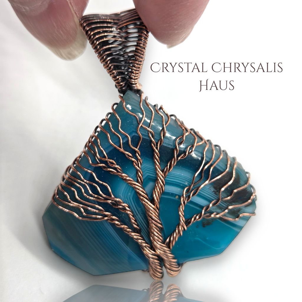 Copper Hand Crafted Wire Wrap Natural Blue Banded Agate Tree of Life Pendant