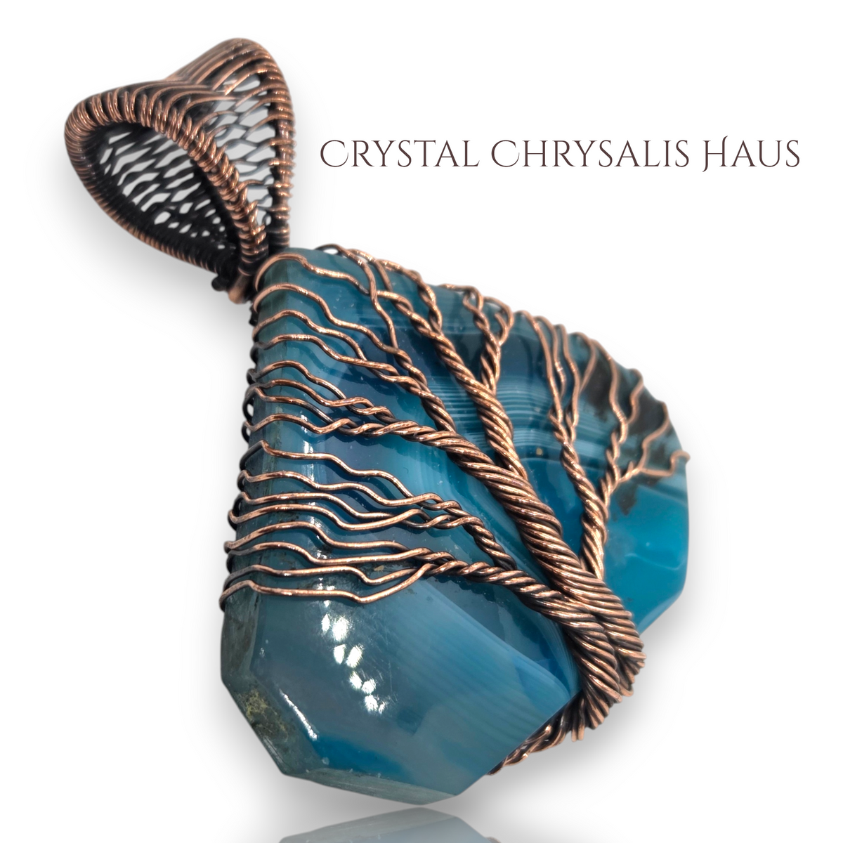 Copper Hand Crafted Wire Wrap Natural Blue Banded Agate Tree of Life Pendant