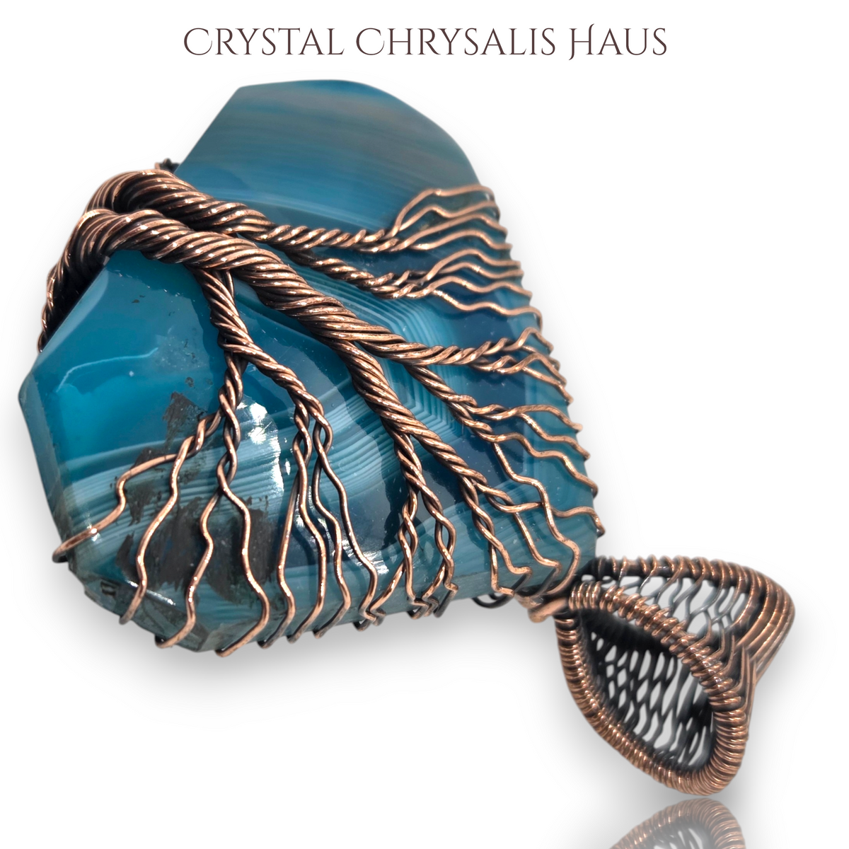 Copper Hand Crafted Wire Wrap Natural Blue Banded Agate Tree of Life Pendant