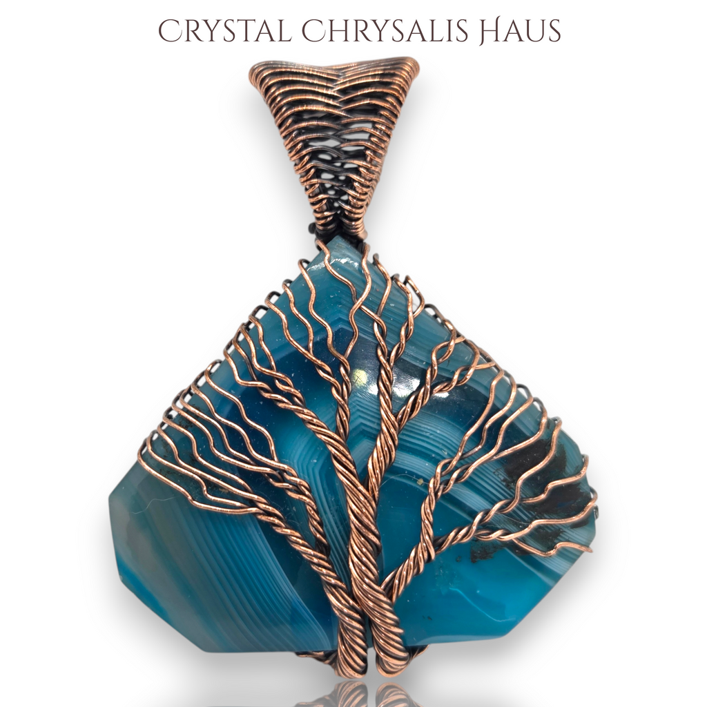 Copper Hand Crafted Wire Wrap Natural Blue Banded Agate Tree of Life Pendant