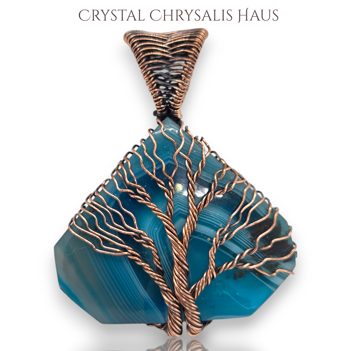 Copper Hand Crafted Wire Wrap Natural Blue Banded Agate Tree of Life Pendant