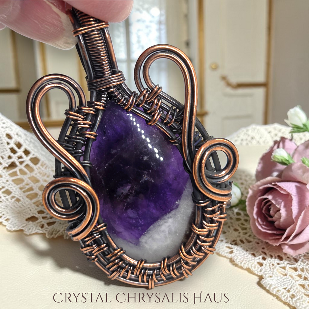Copper Hand Crafted Wire Wrap Natural Polished Dream Amethyst Pendant
