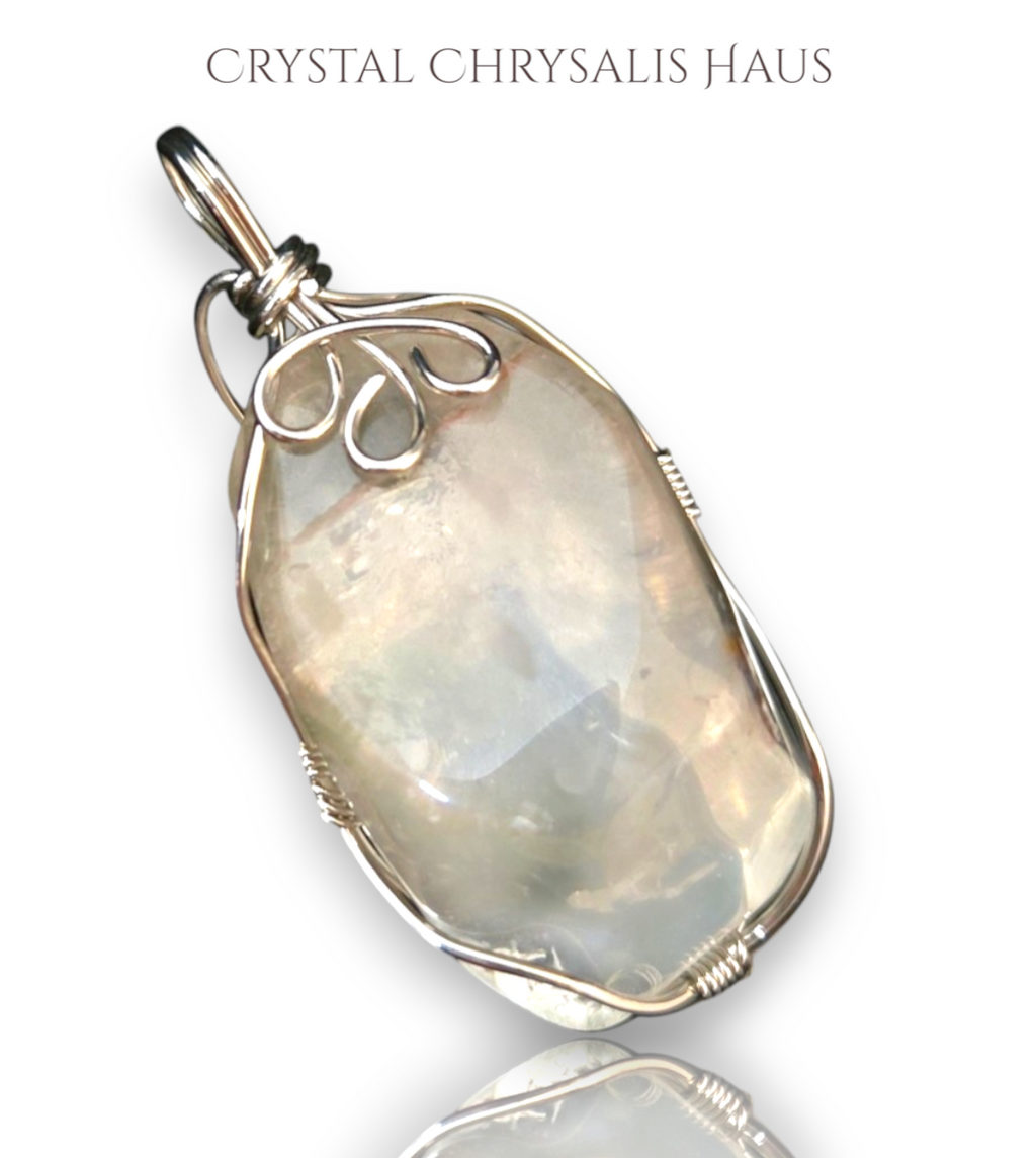 Hand Crafted Silver Wire Wrap Natural Polished Crystal Lodalite - Inner Scene Stone Pendant