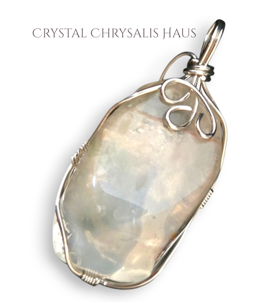 Hand Crafted Silver Wire Wrap Natural Polished Crystal Lodalite - Inner Scene Stone Pendant