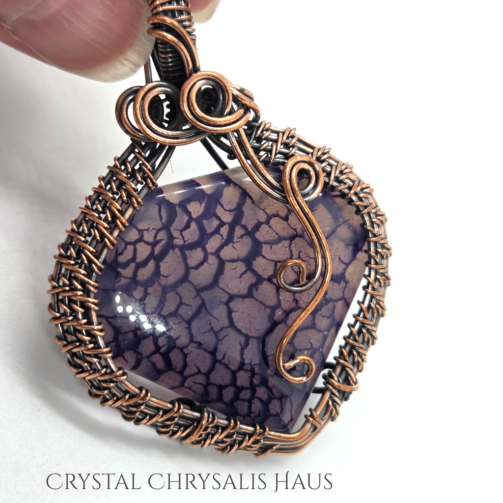 Copper Hand Crafted Wire Wrap Natural Purple Dragon Vein Agate Heart Pendant