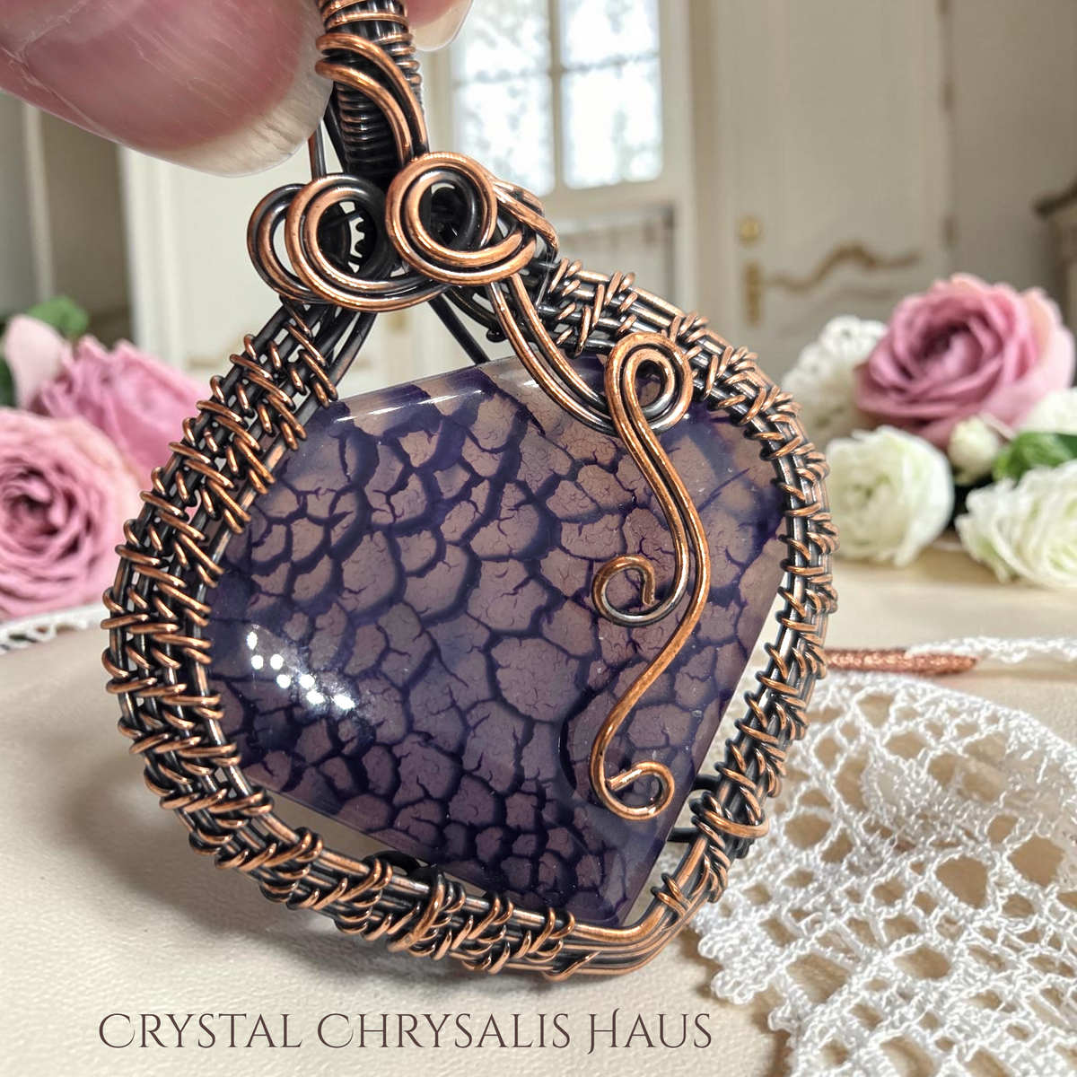 Copper Hand Crafted Wire Wrap Natural Purple Dragon Vein Agate Heart Pendant