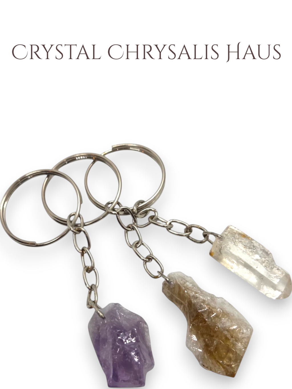 Set of 3 Quality Natural Amethyst Citrine Clear Crystal Point Silver Key Chains