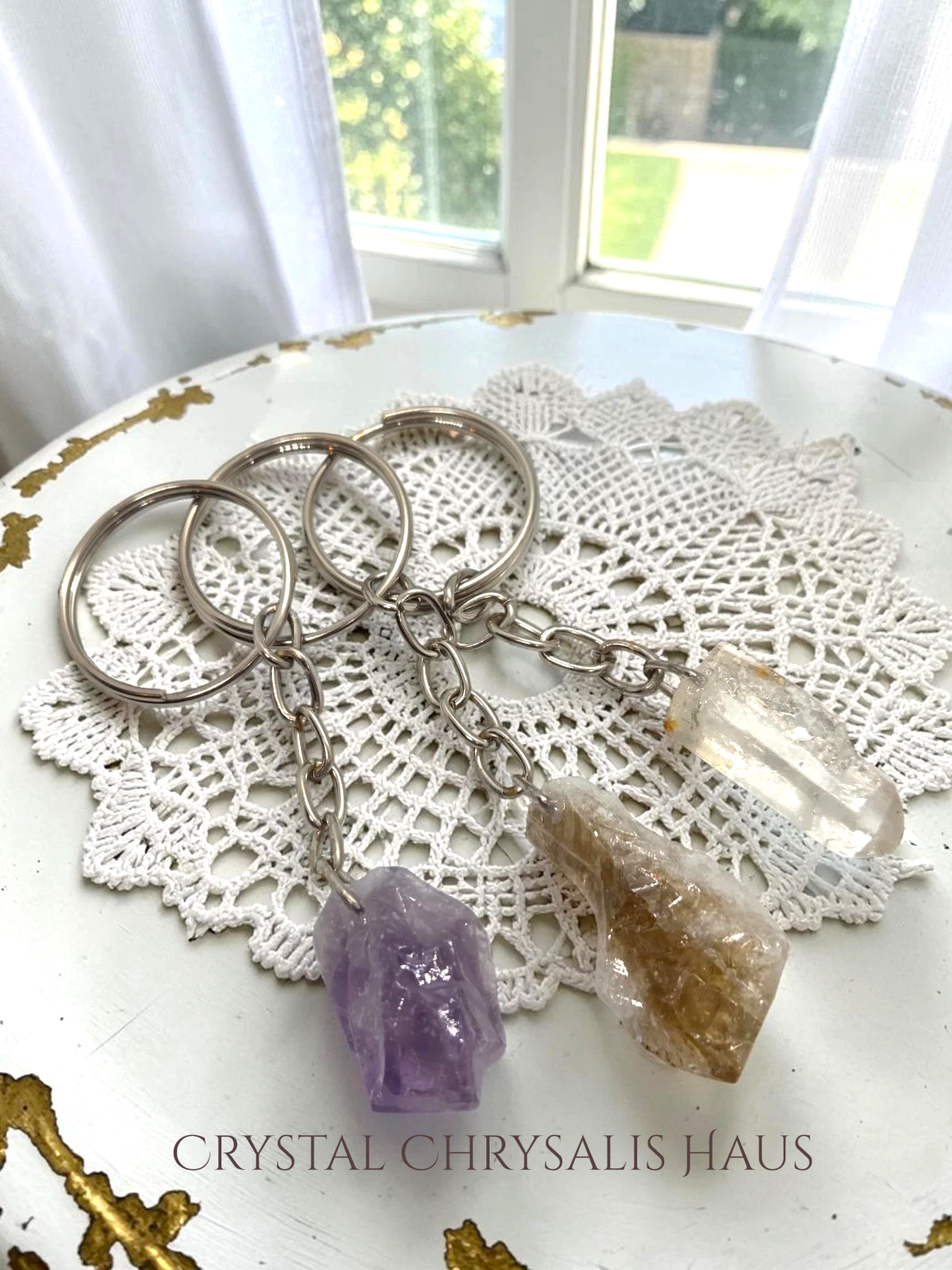 Set of 3 Quality Natural Amethyst Citrine Clear Crystal Point Silver Key Chains