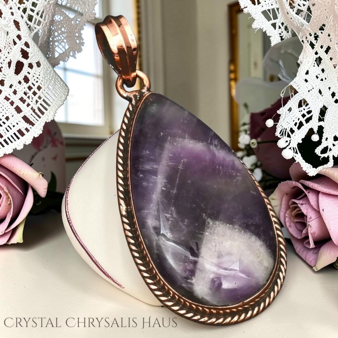Solid Copper Natural Polished Dream Amethyst Crystal Pendant