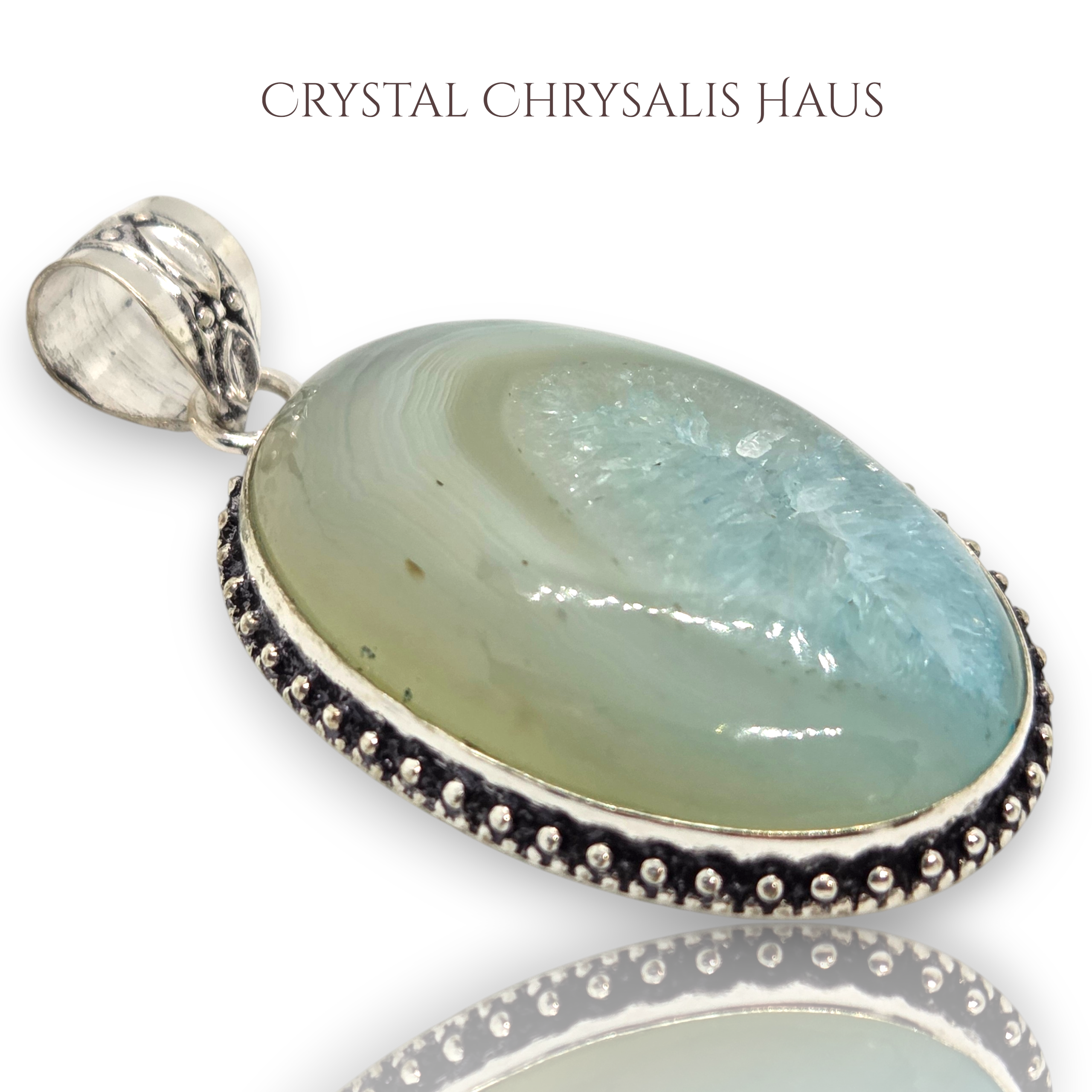 .925 Sterling Silver Natural Green Agate Geode Gemstone Pendant