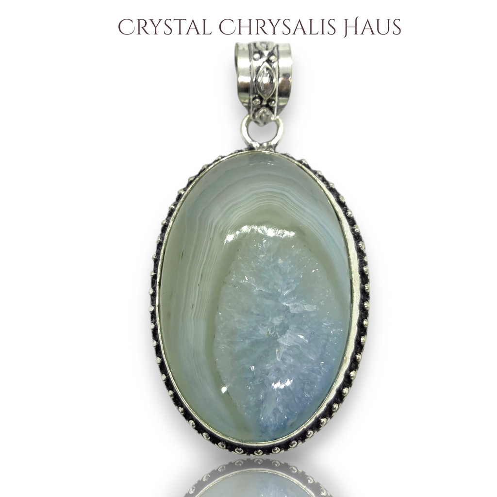 .925 Sterling Silver Natural Green Agate Geode Gemstone Pendant