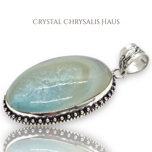 .925 Sterling Silver Natural Green Agate Geode Gemstone Pendant