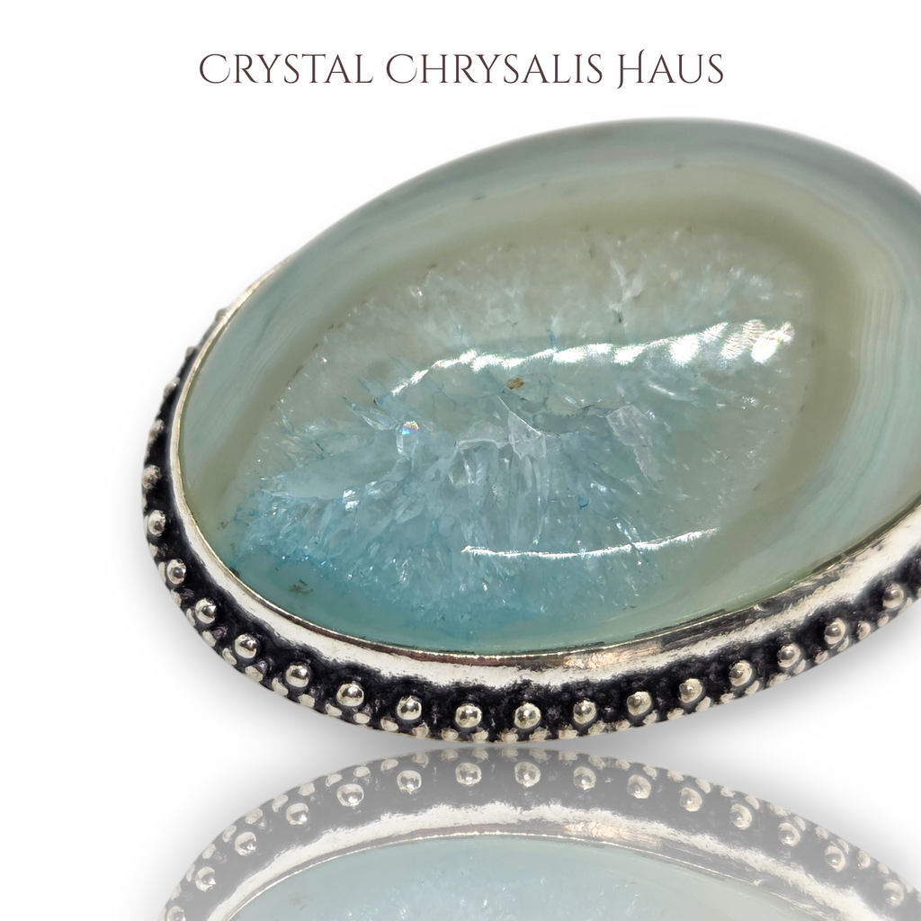 .925 Sterling Silver Natural Green Agate Geode Gemstone Pendant