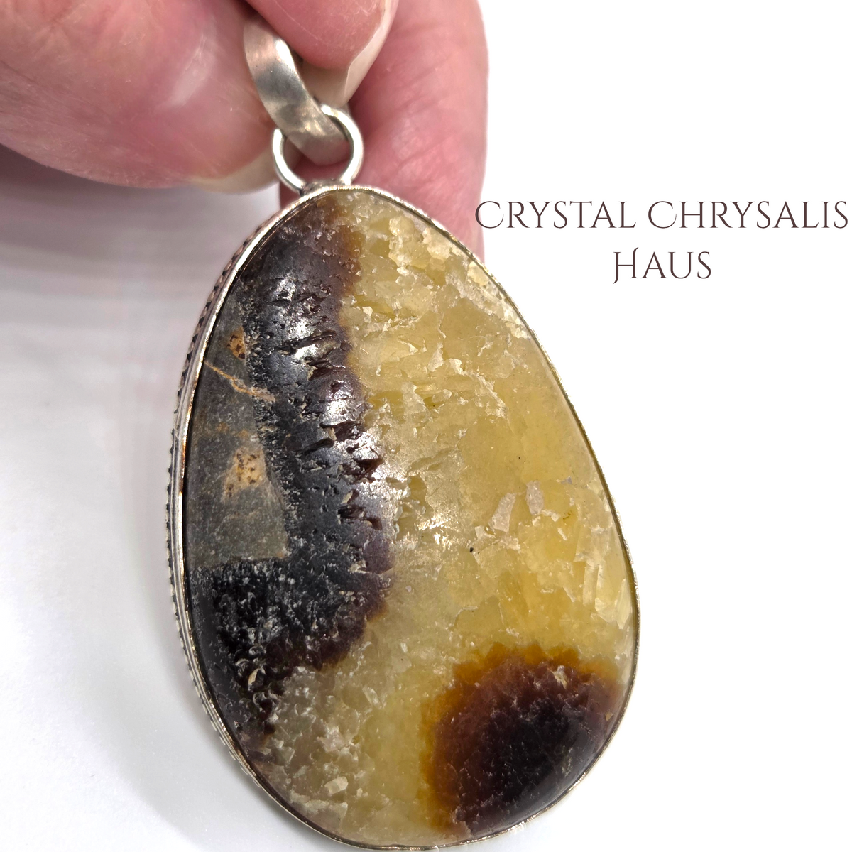 .925 Sterling Silver Large Pear Septarian Dragon Stone Gemstone Pendant