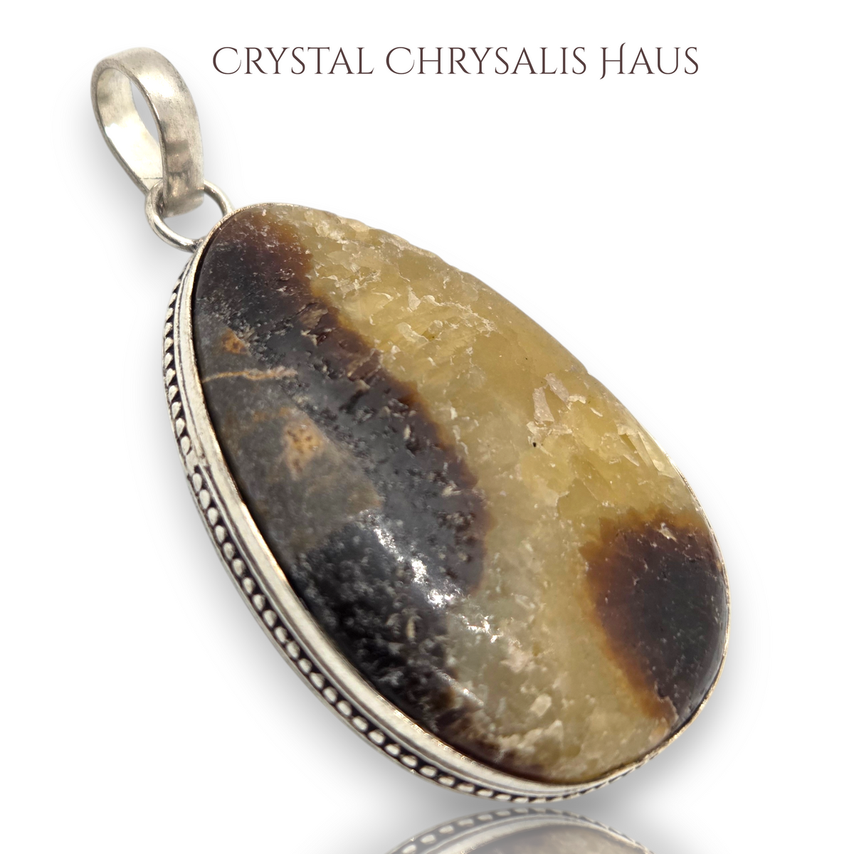 .925 Sterling Silver Large Pear Septarian Dragon Stone Gemstone Pendant