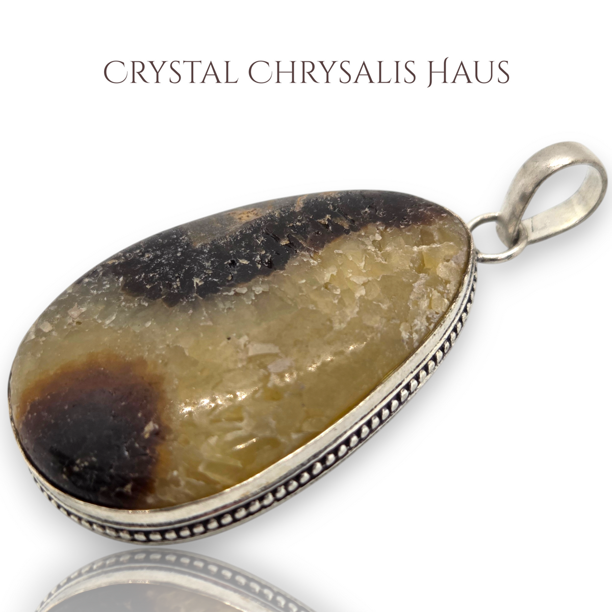 .925 Sterling Silver Large Pear Septarian Dragon Stone Gemstone Pendant
