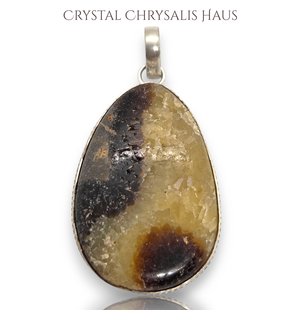 .925 Sterling Silver Large Pear Septarian Dragon Stone Gemstone Pendant