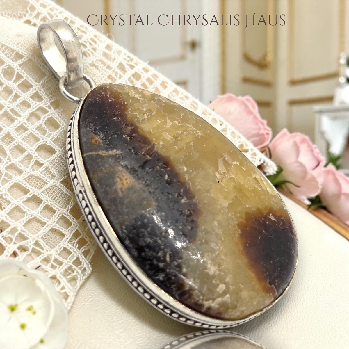 .925 Sterling Silver Large Pear Septarian Dragon Stone Gemstone Pendant