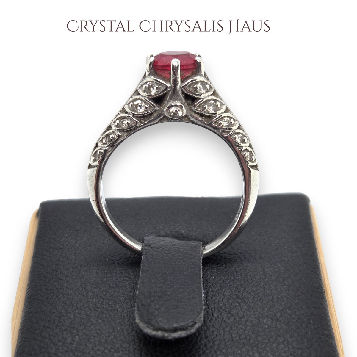 Elegant Estate Vintage Styled .925 Sterling Silver 1 Ct Red Ruby Solitaire Rhinestone Accents Ring