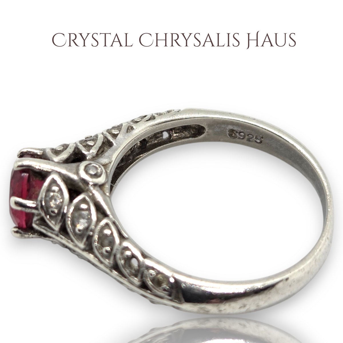 Elegant Estate Vintage Styled .925 Sterling Silver 1 Ct Red Ruby Solitaire Rhinestone Accents Ring