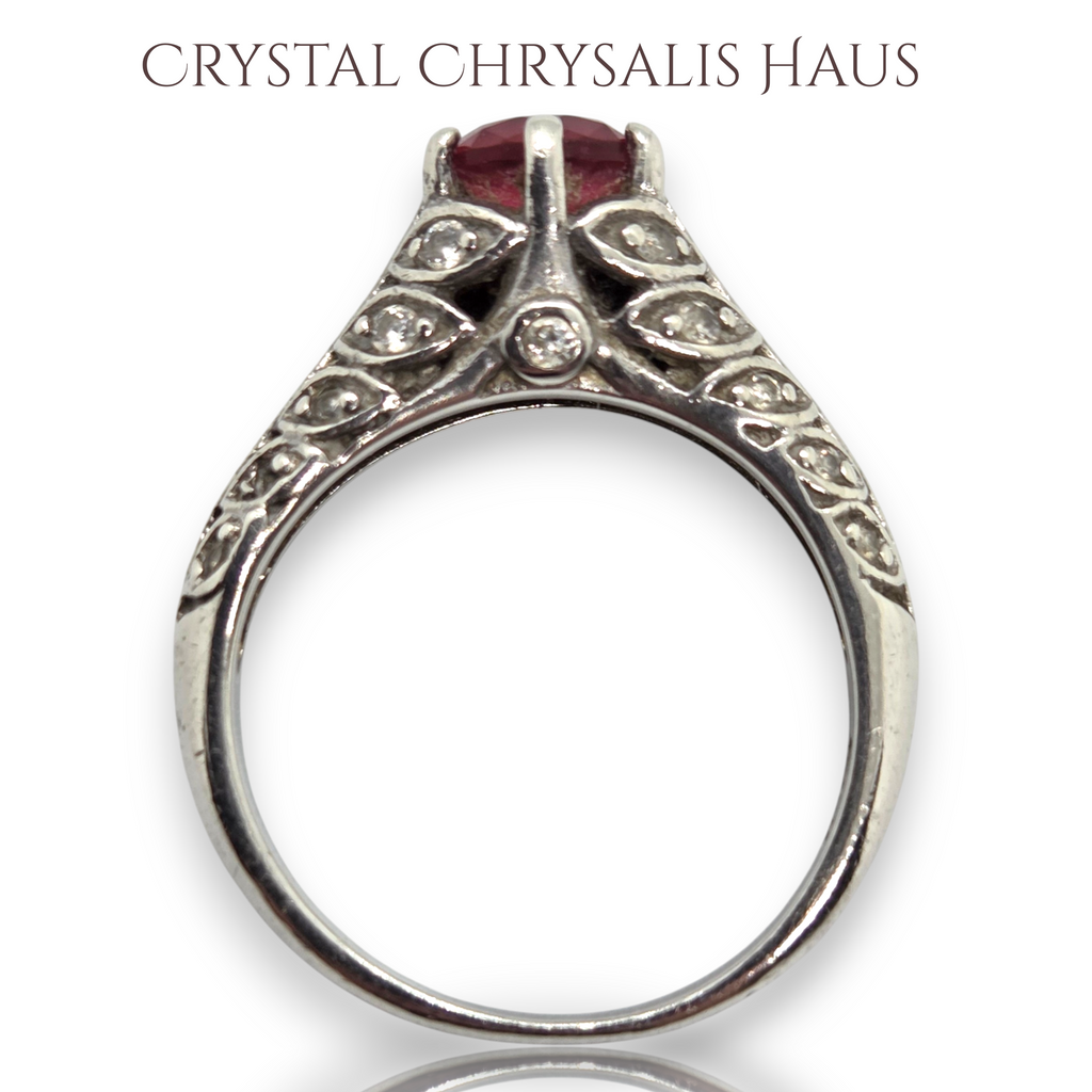 Elegant Estate Vintage Styled .925 Sterling Silver 1 Ct Red Ruby Solitaire Rhinestone Accents Ring