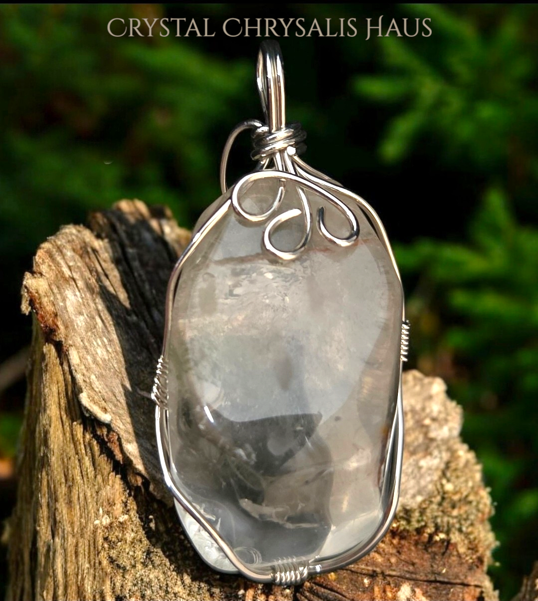 Hand Crafted Silver Wire Wrap Natural Polished Crystal Lodalite - Inner Scene Stone Pendant