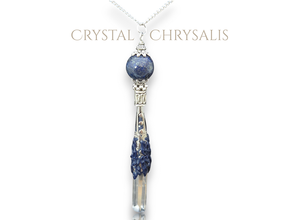 Old World Antique Silver Polished Water Clear Crystal Point Necklace Pendulum