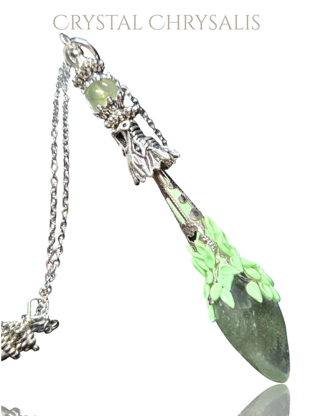 Old World Antique Silver Dragon Natural Green Ghost Crystal Pendant Pendulum Necklace