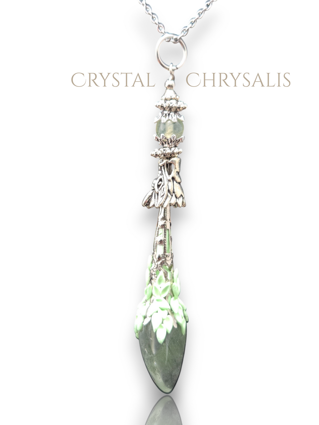 Old World Antique Silver Dragon Natural Green Ghost Crystal Pendant Pendulum Necklace