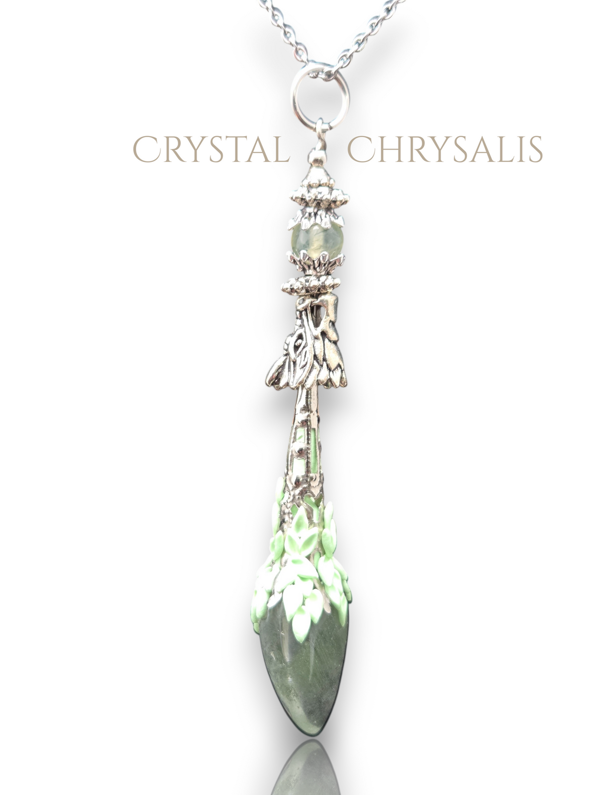 Old World Antique Silver Dragon Natural Green Ghost Crystal Pendant Pendulum Necklace